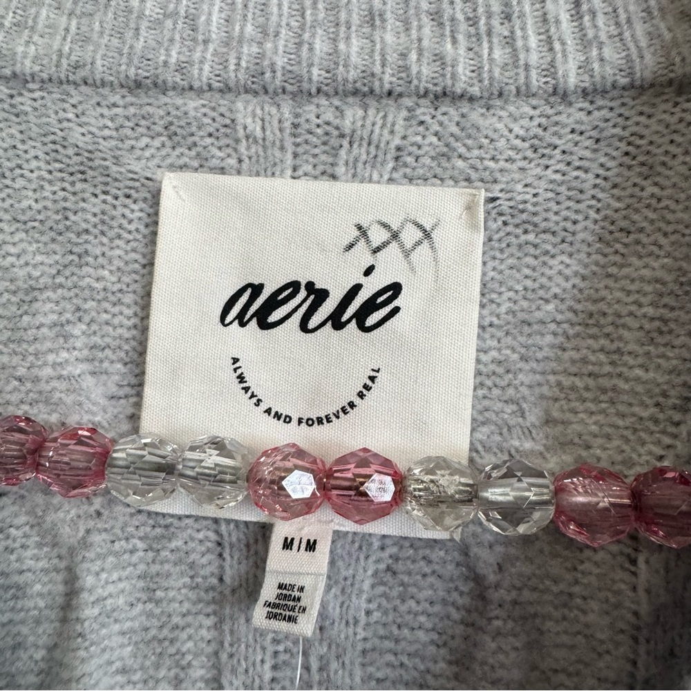 NWT Aerie unREAL Cable Pearl Crew Sweater Oversized Soft Gray - Picture 4 of 12